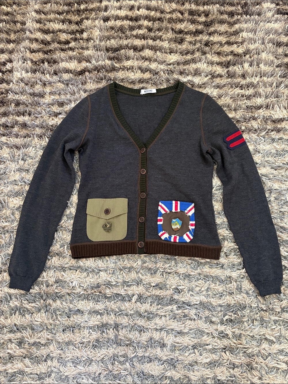 New! Vintage Moschino Cheap & Chic Union Jack Wool Cardigan AEFFE Pins Size 10